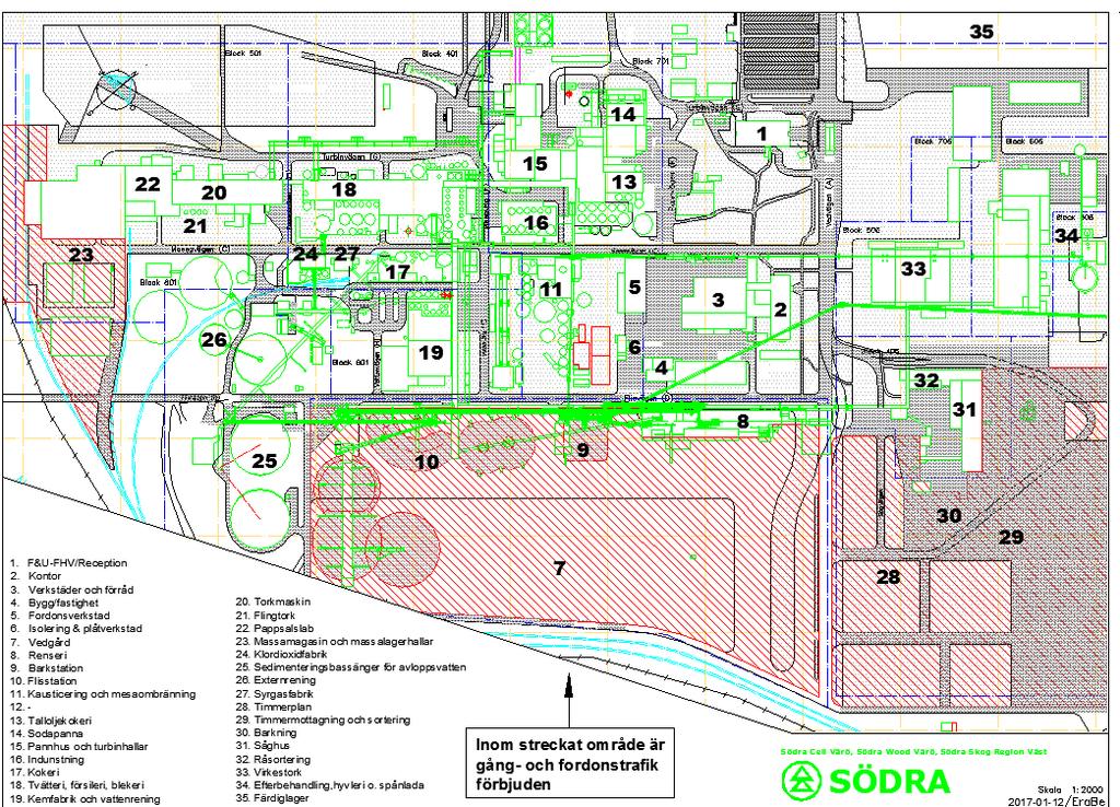 Situationsplan - Trafikregler 1. FoU, FHV, reception 2. Kontor 3. Verkstäder och förråd 4. Bygg/fastighet 5. Fordonsverkstad 6. Isolering & plåtverkstad 7. Vedgård 8. Renseri 9. Barkstation 10.