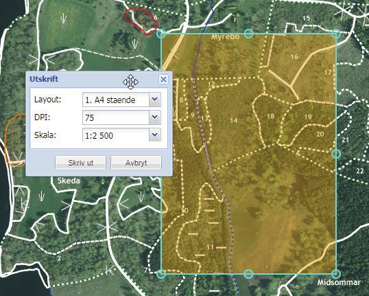 1 2 3 4 5 6 7 8 9 10 11 12 13 14 15 16 17 18 17. Skriv ut Är till för att skriva ut din karta. Genom att klicka på knappen Skriv ut så får du upp en gul ruta med det område som kommer att skrivas ut.