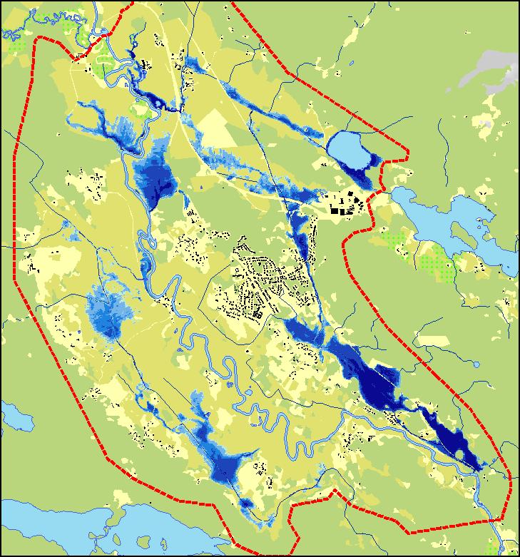 Figur 4-15 visar översvämningsutbredning och beräknade maximala vattendjup för Scenario B1- B2, samt B3 (för att