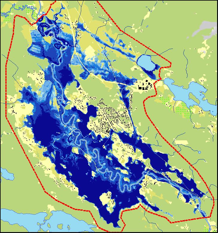 Jämförelsen mellan B1 och B2 visar vilka områden som direkt påverkas av översvämningarna längs huvudfåran.