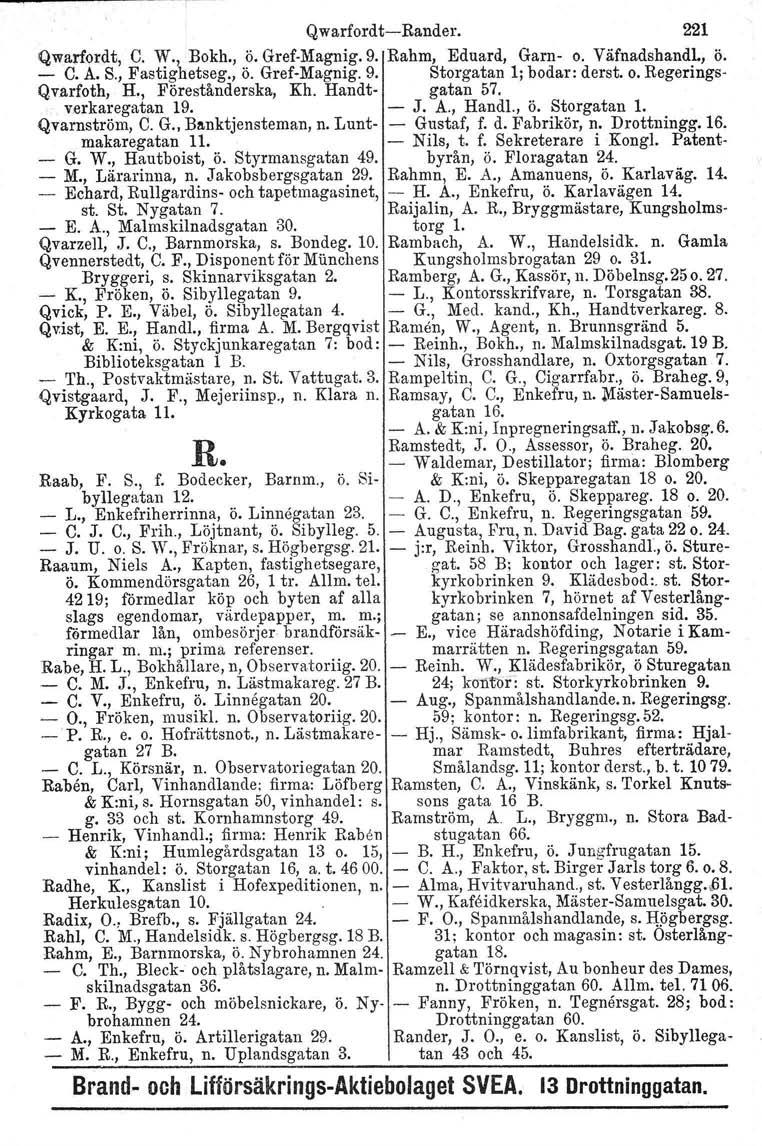 Qwarfordt-Rander. 221 Qwarfordt, C. W., Bokh., ö. Gref-Magnig, 9. Rahm, Eduard, Garn- o. VäfnadshandL, Ö. - C. A. S., Fastighetseg., ö. Gref-Magnig.9. Storgatan 1; bodar: derst, o.