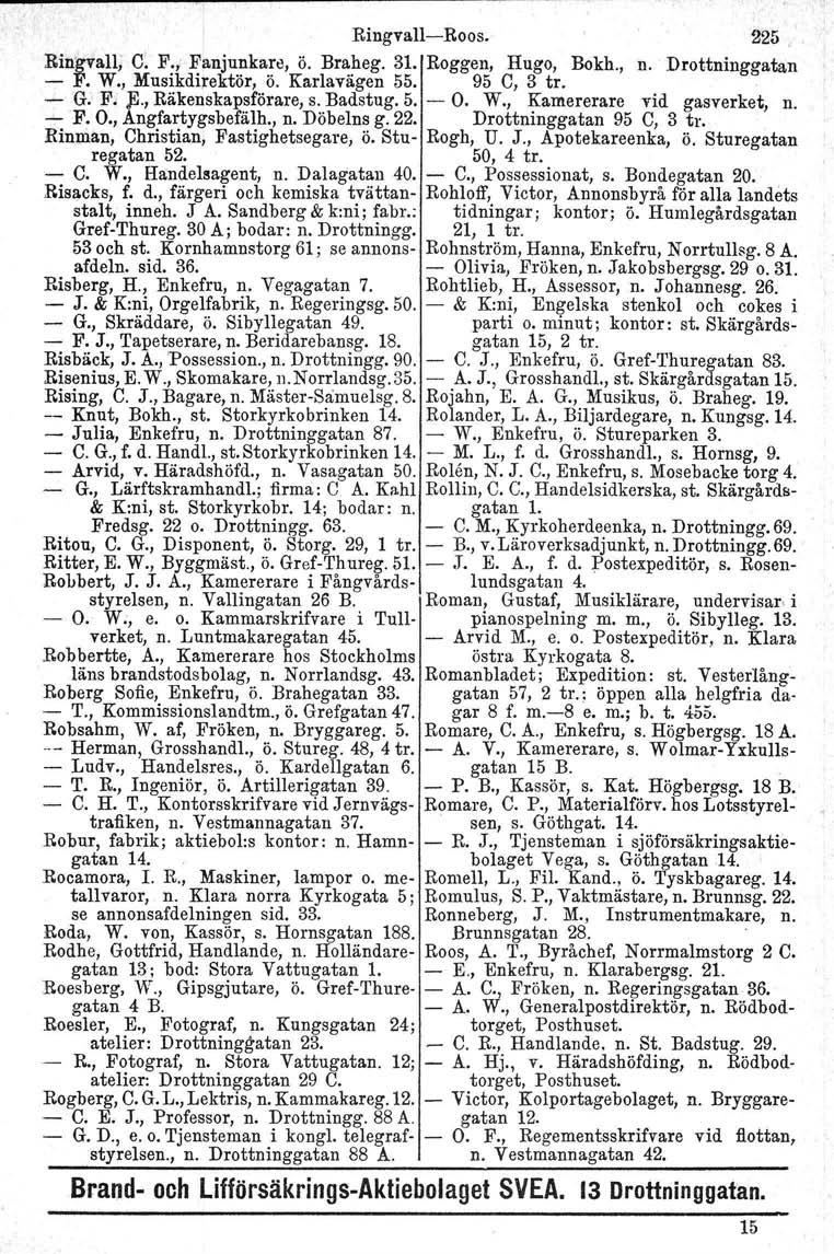 Ringvall- Roos. 225, Bingvall, C. F., Fanjunkare, ö. Braheg. 31. Roggen, Hugo, Bokh., n. Drottninggatan - F. W., Musikdirektör, ö. Karlavägen 55. 95 C, 3 tr. - G. F. )ii., Räkenskapsförare, s.