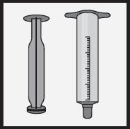Användning av 5 ml doseringssprutan för doser över 2 ml Sprutan har två huvuddelar, en kolv och ett rör. På bilden har kolven dragits ut så att du tydligt kan se varje del. 1.