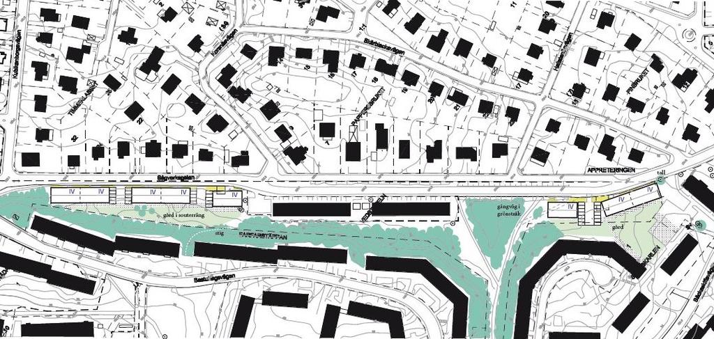 Sida 7 (9) Nya hus Befintliga radhus Skogspark Nya hus Planförslaget Planförslaget I planförslaget förslås fem lamellhus grupperade på var sin sida om det befintliga kv.