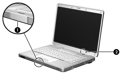 Bildskärmskomponenter Komponent Beskrivning (1) Frigöringsspärr för bildskärm Öppnar datorn. (2) Intern skärmströmbrytare Initierar vänteläget om skärmen stängs medan datorn är på.