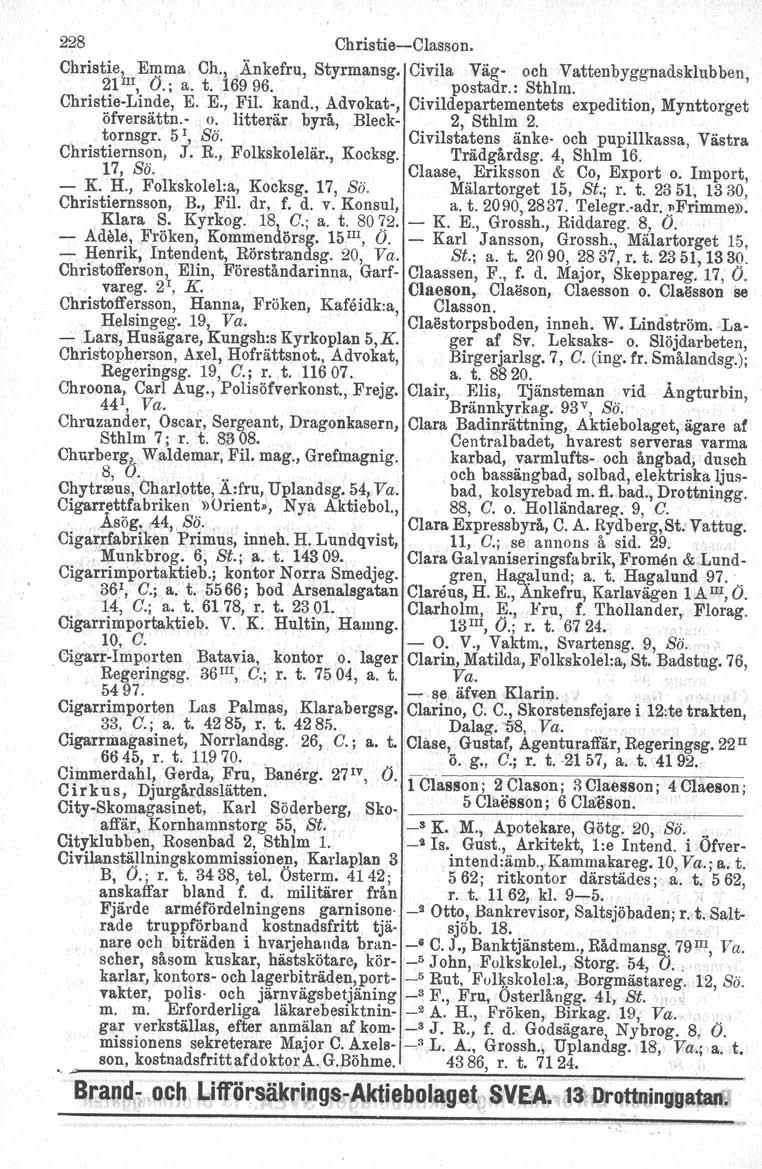 ,och 228 Christie-Classon. Christie j Emma Ch.,,.Änkefru, Styrmansg, Civila Väg- och Vattenbyggnadsklubben, 21 II, O.; a. t. 16996. postadr.: Sthlm. Christie-Linde, E. E., Fil. kand.