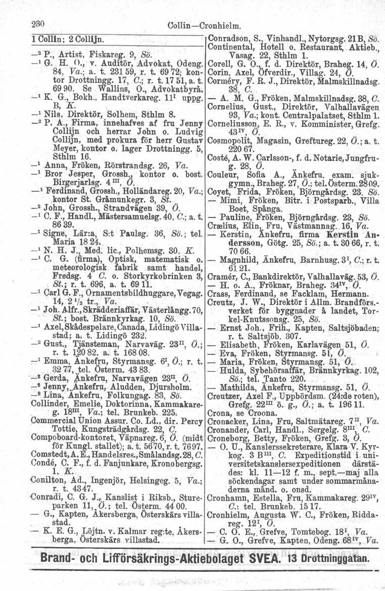 230 1 Collin; 2 Collijn. Collin-Cronhielm. Conradson, S'J.VinhandI., Nytorgsg. 21B, se. Continental, Hotell o. Restaurant,. Aktieb., _2 P., Artist, Fiskareg. 9, Sö. Vasag. 22, Sthlm 1.. _l (t.. H. O.