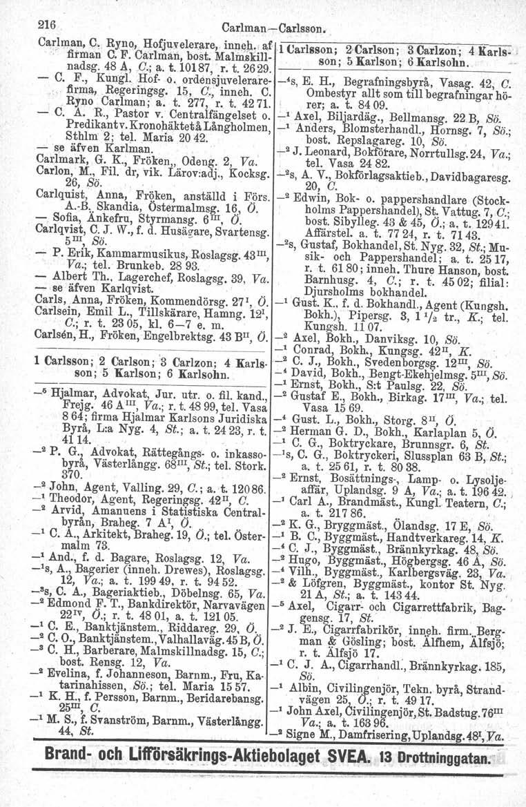 216 Carlman-Carlaaon. Carlman, C,, Ryno, Ilofjuvele~ltre,. innqjj.;; af l Carlsson; 2'Carlson; 3 Carlzon; 4 Karls-. ", firman C. F. Carlman, boat. Malmskillnadsg. 484, C.; a. t.l0187, r. t. 2629.