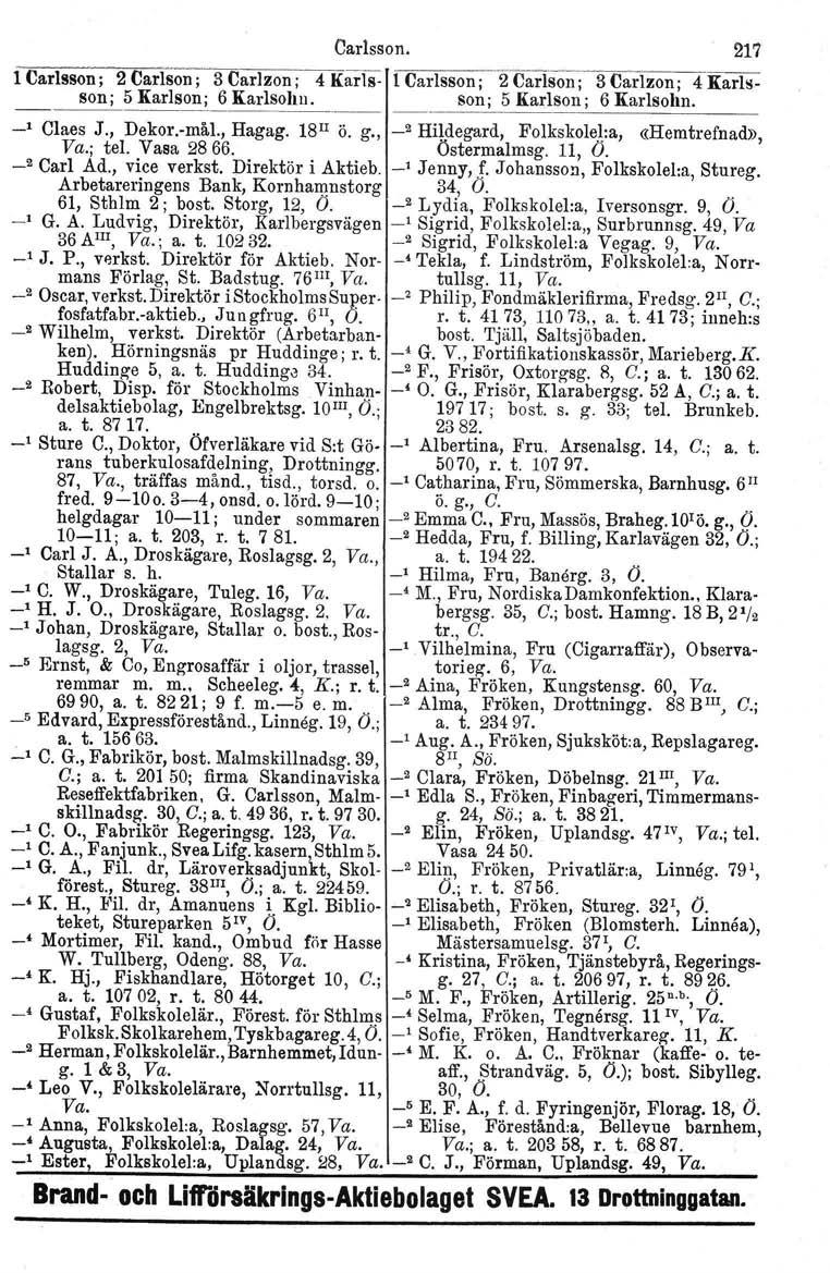 Carlsson. 217 1 Carlsson; 2 Carfson; 3 Carlzon ; 4 Karls- icarlsson; -2 Carlson; 3 Carlzon; 4 Karlsson; 5 Karlson; 6Karlsol111. son; 5 Karlson; 6 Karlsol1n. _, C1aes J., Dekor.-mål., Hagag, 18 Il ö.