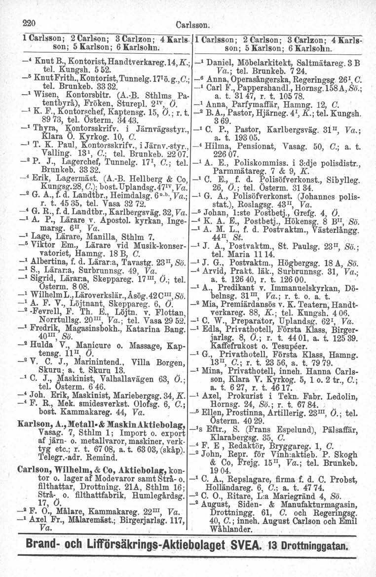 220 Carlsson. l Carlsson; 2Car1~on; 3Carlzon; 4 Karls l Carlsson; 2 Carlson; 3Carlzon; 4Karlsson; 5 Karlson; 6 Karlsohn. son; 5 Karlson; 6 Karlsohn. I _5 Knut Frith., Kontorist, Tunnelg.17 1 ö. g.,c.