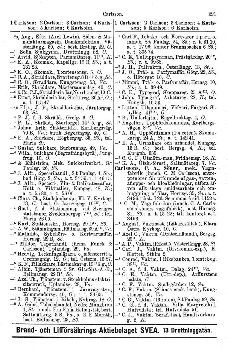 Carlsson. 221 1 Carlsson; 2 Carlson; 3 Carlzon ; 4 Karls- 1 Carlsson; 2 Carlson; 3 Carlzon ; 4 Karlsson; 5 Karlson; 6 Karlsohn. son; 5 Karlsonj 6 Karlsohn. _2S, Aug., Eftr. (Axel Lewin).