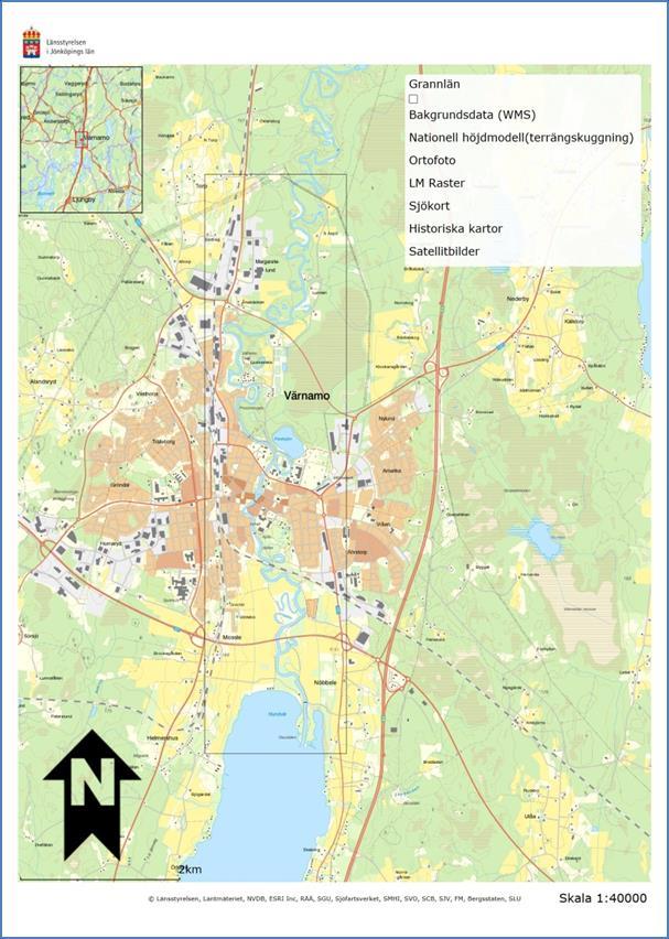 11 2 Karta med avgränsning Riskhanteringsplanen omfattar Lagans närområde genom Värnamo tätort från Aspö i norr till Osudden i söder.