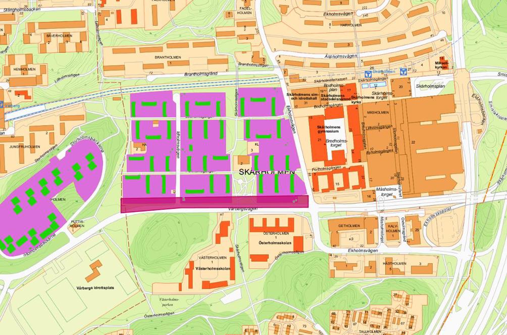 Tjänsteutlåtande Sida 4 (7) Bild 1, Grönfärgade hus tillhör Svenska Bostäder, mörklila område visar placering av ny bebyggelse Den befintliga bebyggelsen utgörs till stor del av Svenska Bostäders hus