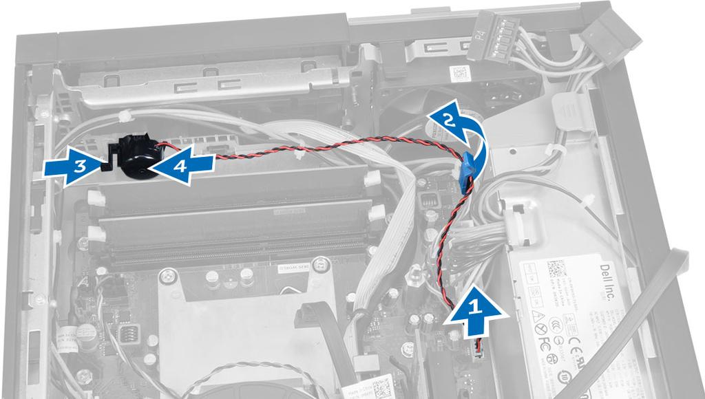 3. Skjut hårddiskhållaren bakåt i enhetshållaren. 4. Installera: a. enhetslådan b. optisk enhet c. kåpan 5. Följ anvisningarna i När du har arbetat inuti datorn. Ta bort högtalaren 1.