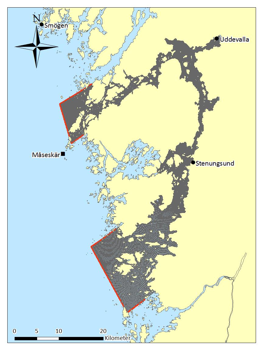 4.2 Fjordsystemet in mot Uddevalla För Uddevalla har modellen satts upp för stora delar av fjordsystemet runt Orust och Tjörn och vidare in mot Uddevalla.