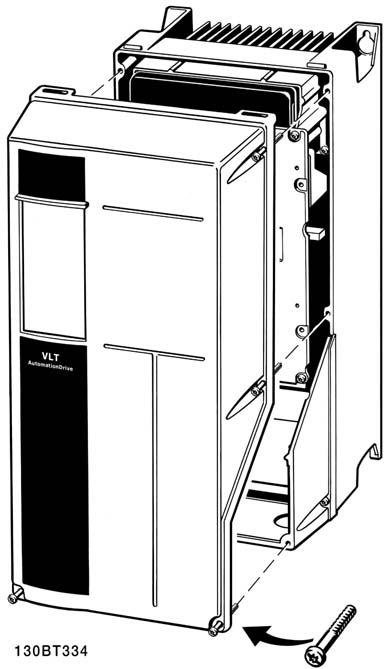 Så här installerar du Åtkomst till styrplintar Alla styrkabelplintar finns under plintskyddet framtill på frekvensomformaren. Ta bort plintskyddet med hjälp av en skruvmejsel (se bild).