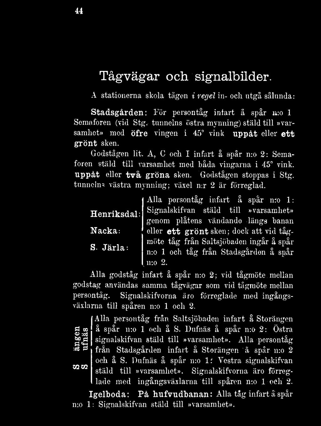 u Tågvägar och signalbilder. A stationerna skola tågen i regel in- och utgå sålunda: Stadsgården: För persontåg infart å spår 11:0 1 Semaforen (vid Stg.