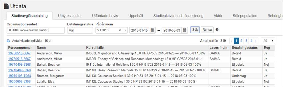 Utdata: Studieavgiftsbetalning (forts.) Visning av resultatet: 1. Personnummer 2. Efternamn 3. Förnamn 4.