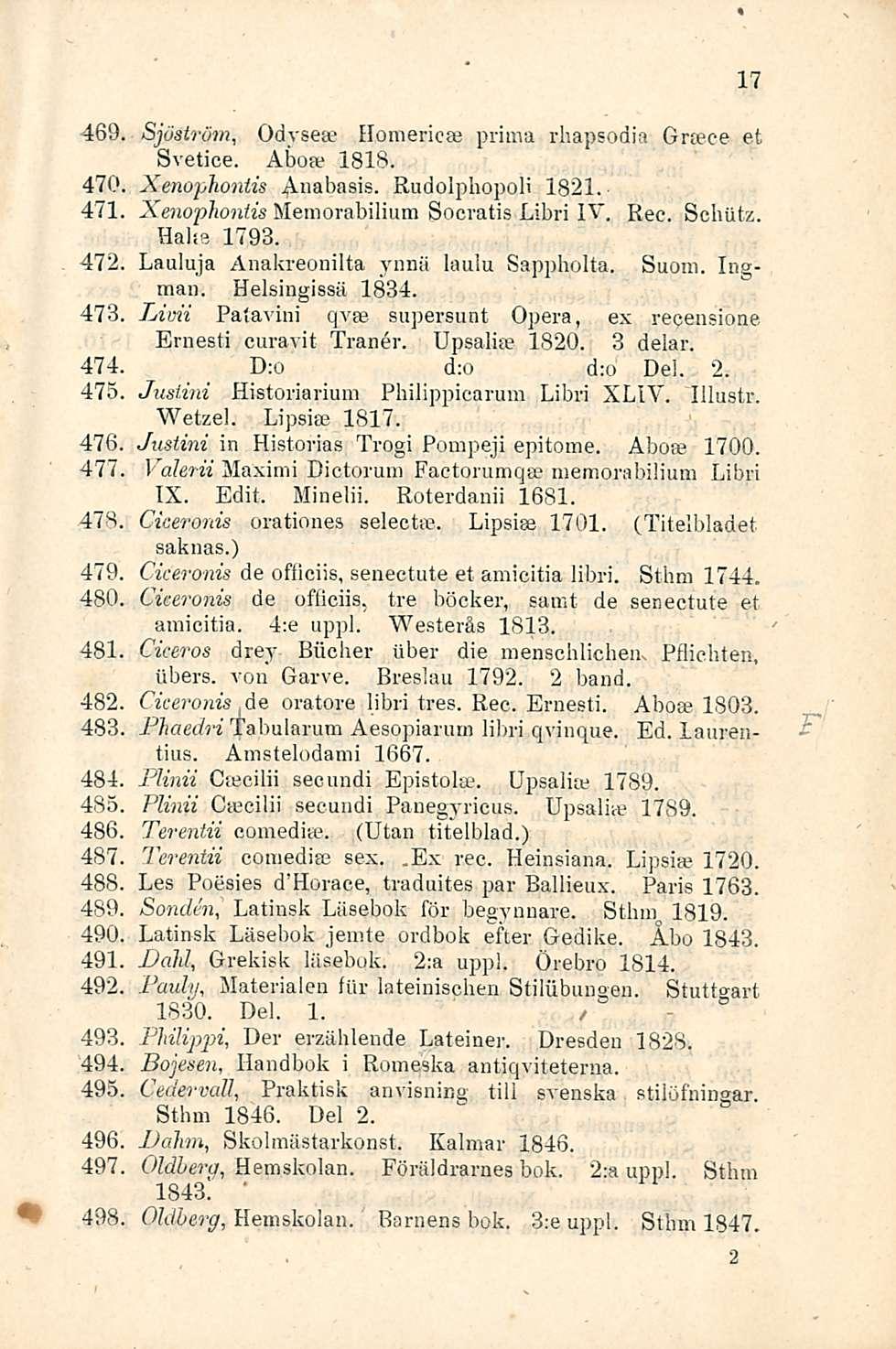 469. Sjöström, Odysea a Homericaj prima rhapsodia Griece et Svetice. Abote 1818. 470. Xenojjhontis Rudolphopoli 1821. 471. Xenophontis Memorabilium Socratis Libri IV. Rec. Schiitz. Hake 1793. 472.