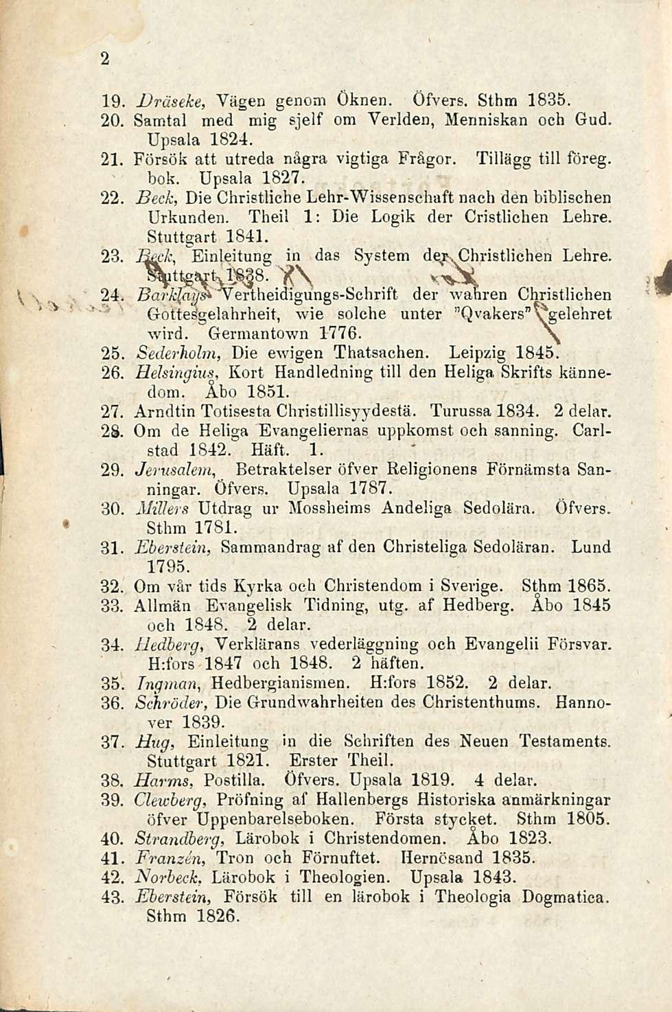 2 19. Dräseke, Vägen genom Öknen. Öfvers. Sthm 1835. 20. Samtal med mig sjelf om Verlden, Menniskan och Gud. Upsala 1824. 21. Försök att utreda några vigtiga Frågor. Tillägg tili föreg. bok.