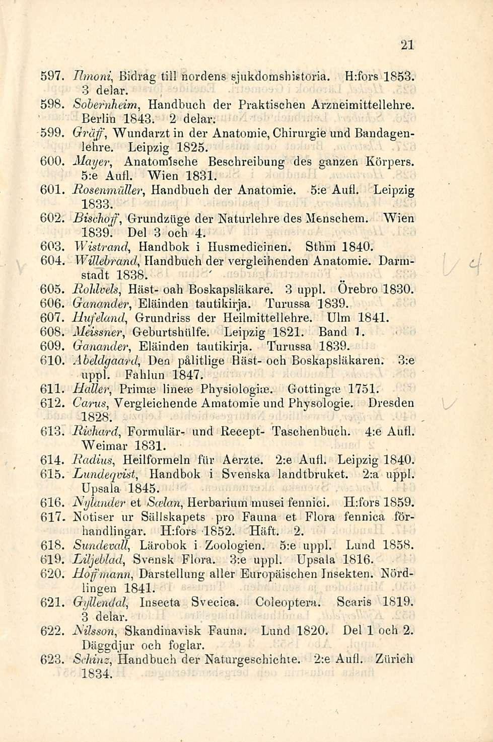 597 Timoni, Bidrag tili nordens sjukdomshistoria. H:fors 1853. 3 delar. 598 Sobernheim, Handbuch der Praktischen Arzneimittellehre. Berlin 1843. 2 delar.