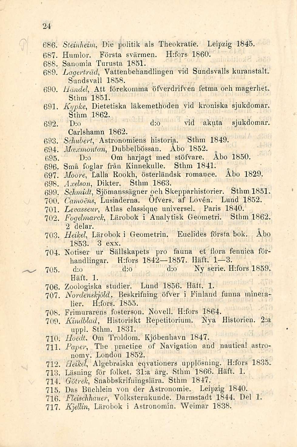 24 686. Stcinheim, Die politik als Theokratie. Leipzig 1845 687. Humlor. Första svärmen. H:fors 1860. 688. Sanomia Turusta 1851. 689. Lagerträd, Vattenbehandlingen vid Sundsvalls kuranstalt.