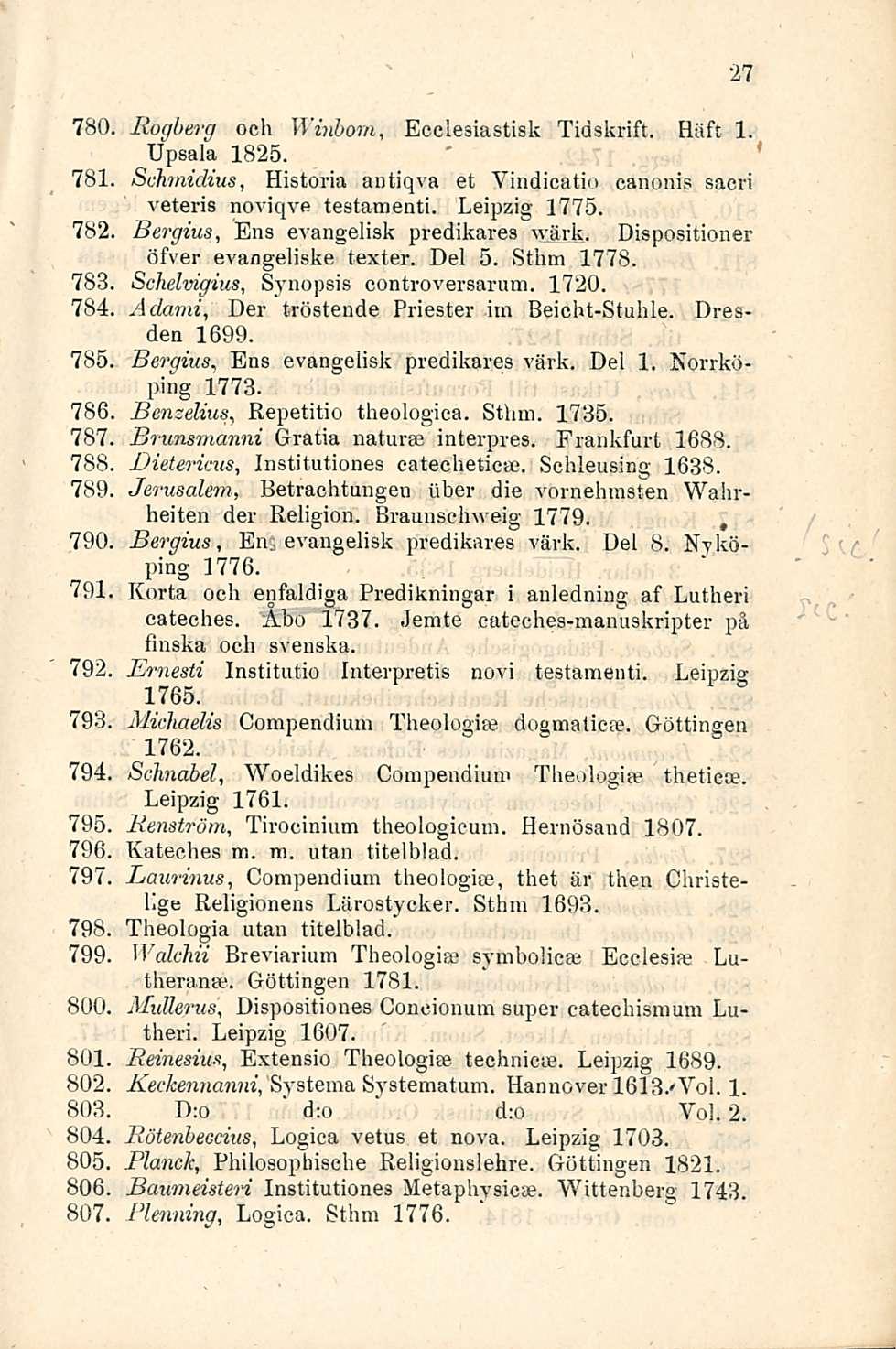 ' 780, Itogberg och Winbom, Ecclesiastisk Tidskrift. Häft 1. i 781 782 783. 784, Upsala 1825. Schmidius, Historia antiqva et Vindicatio canonis sacri veteris noviqve testamenti. Leipzig 1775.