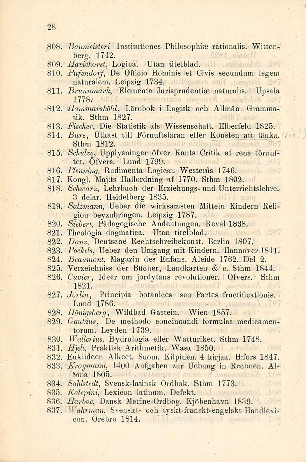 28 808, Banmeisteri Institutienes Philosophne rationalis. Witten berg. 1742. 809 Uavichorst, Logica. Utan titelblad. 810 Fufendorf, De Oflicio Hominis et Civis secundum legem naturalem. Leipzig 1734.