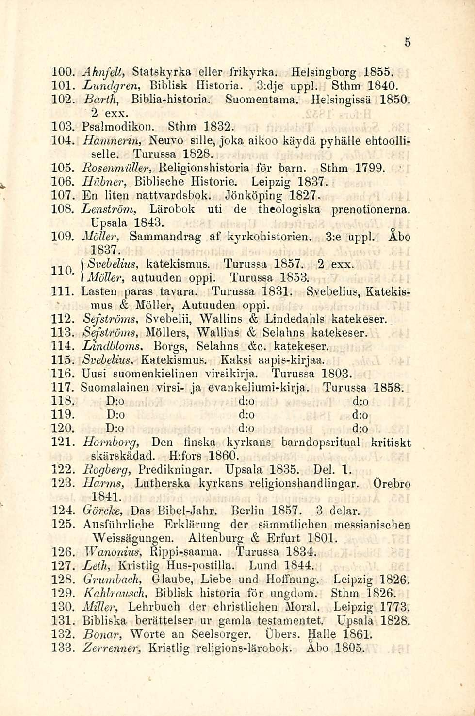100, Aknfelt, Statskyrka eller frikyrka. Helsingborg 1855. 101 Lundgren, Biblisk Historia. 3:dje uppl. Sthm 1840. 102 Barth, Biblia-historia. Suomentama. Helsingissä 1850. 2 exx. 103. Psalmodikon.