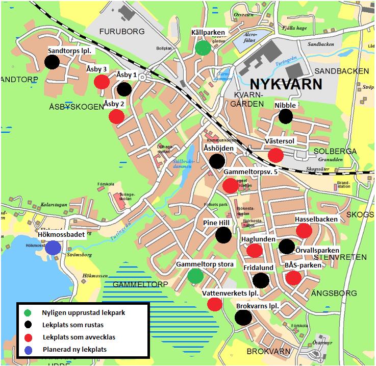 ner om behovet av lek redan tillgodoses av fastighetsägare, skolor, daghem eller annan aktör. Lekplatser som avvecklas 2017-2018 Av Nykvarns nuvarande lekplatser föreslås att åtta stycken avvecklas.