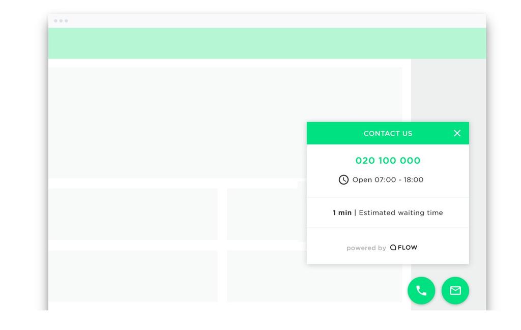 FEATURES Flow Widget Visar ditt företags kontaktuppgifter, öppettider och väntetid i telefonkön.