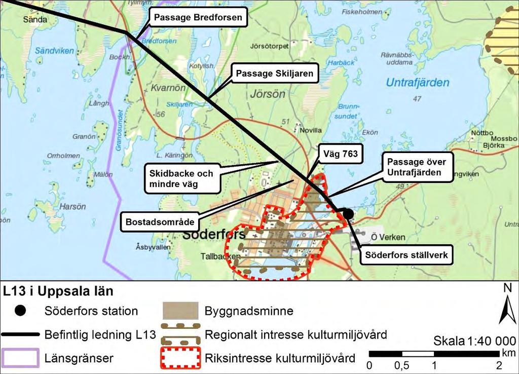 Figur 3.3. Karta över befintlig ledning och kulturmiljöintresse i Uppsala län.