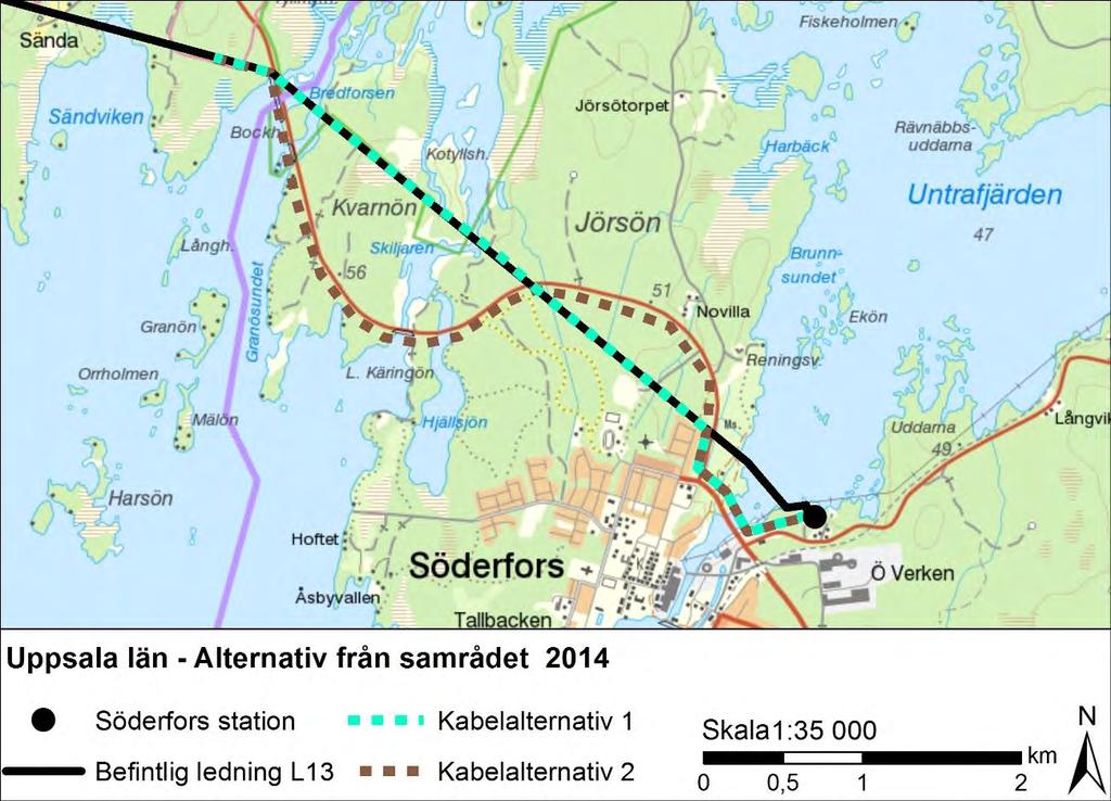 Figur 3.4. Befintlig ledningssträckning samt alternativ från 2014.