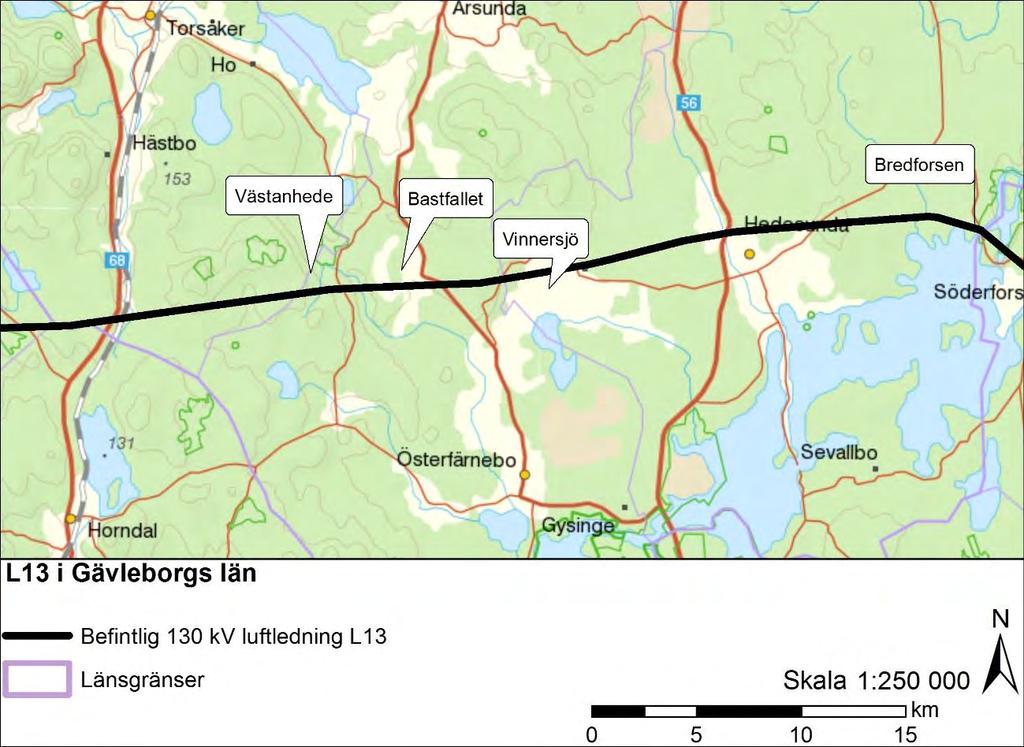 Figur 4.2. Befintlig ledning genom Gävleborgs län.