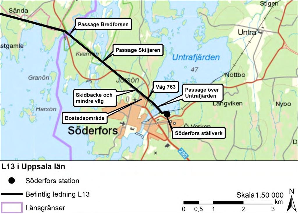 Figur 4.3. Befintlig ledning genom Uppsala län. 4.2 Teknisk utformning Figur 4.4. Befintlig 130 kv ledning i träportalstolpar.