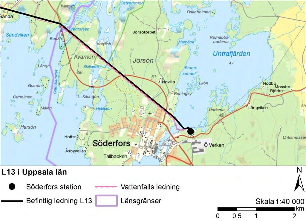 Där ledningen sträcker sig parallellt med andra ledningar kan den totala bredden på skogsgatan överstiga 40 meter.
