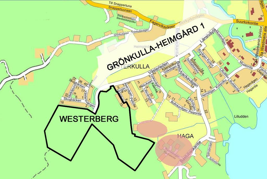 - 5 - Bild 1. Detaljplaneprojekten i den västra delen av kyrkbyn. Detaljplanen Grönkulla-Heimgård 1 i vitt godkändes av kommunfullmäktige 2010, men väntar tillsvidare på fortsatt behandling.