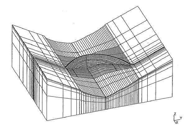 Figur 3.3 Tvärsnittet hos de centrala blocken. Figur 3.4 Nedströmsvyn av dammens Finita Elementindelning.