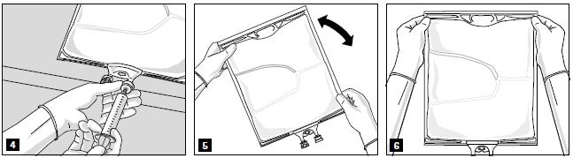 3) har tagits bort går det att tillföra kompatibla tillsatser via läkemedelsporten (fig. 4). Blanda innehållet i påsen noggrant (fig. 5) och inspektera blandningen visuellt (fig. 6).