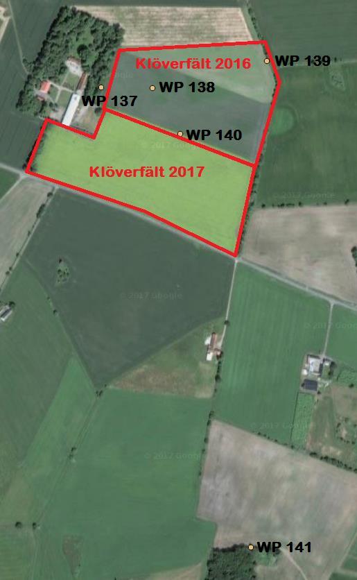 Figur 3: Klöverfält HAS med 2016 och 2017 års klöverfält utmarkerade samt