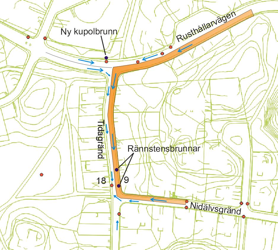 Sid 4 (7) Figur 4. Avrinningsområde från gata och trottoar till lågpunkt vid Tidagränd 9 är markerat med orange färg i bilden.