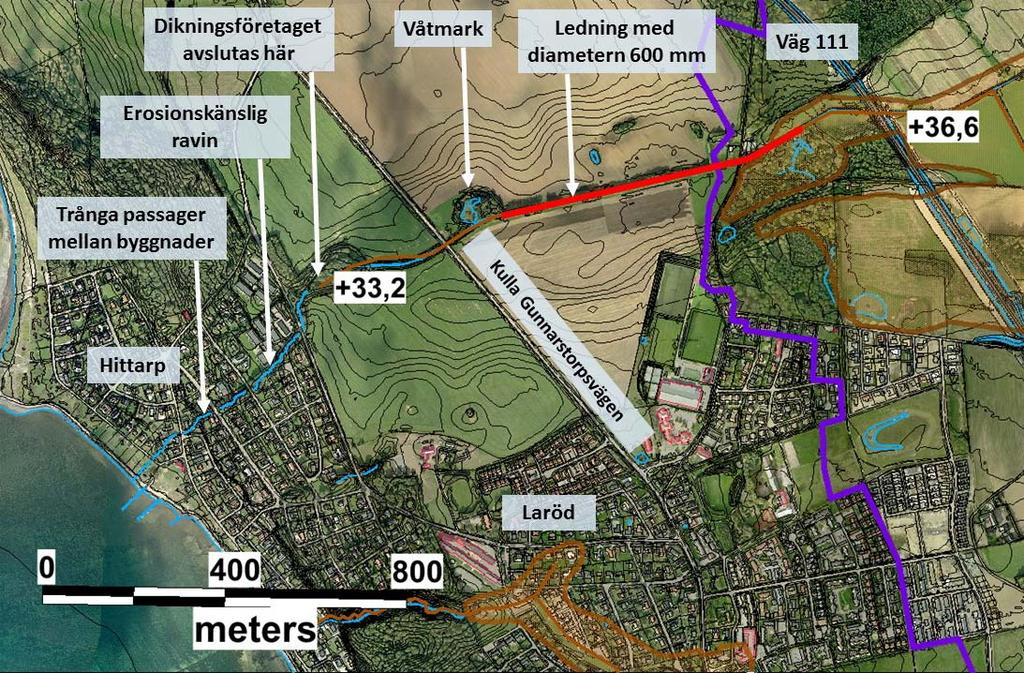 Figur 8 visar att vattnet leds bort från båtnadsområdets västra del i en ledning med diametern 600 mm.