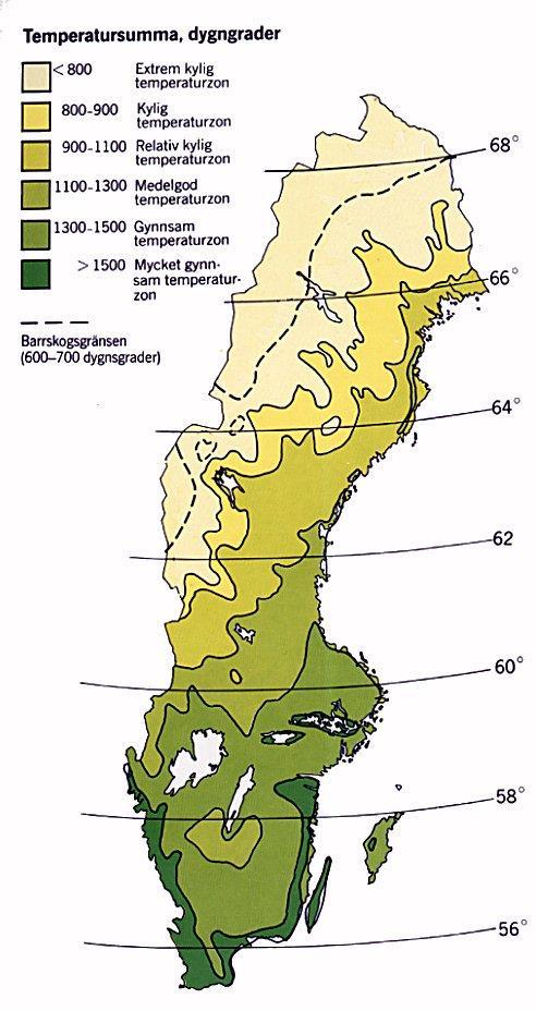Figur 14 Temperatursumma i Sverige (dygnsgrader) (SLU, 2007) Vegetation är mycket beroende av vatten, och bättre tillgång på vatten i marken ger ett mer gynnsamt klimat.