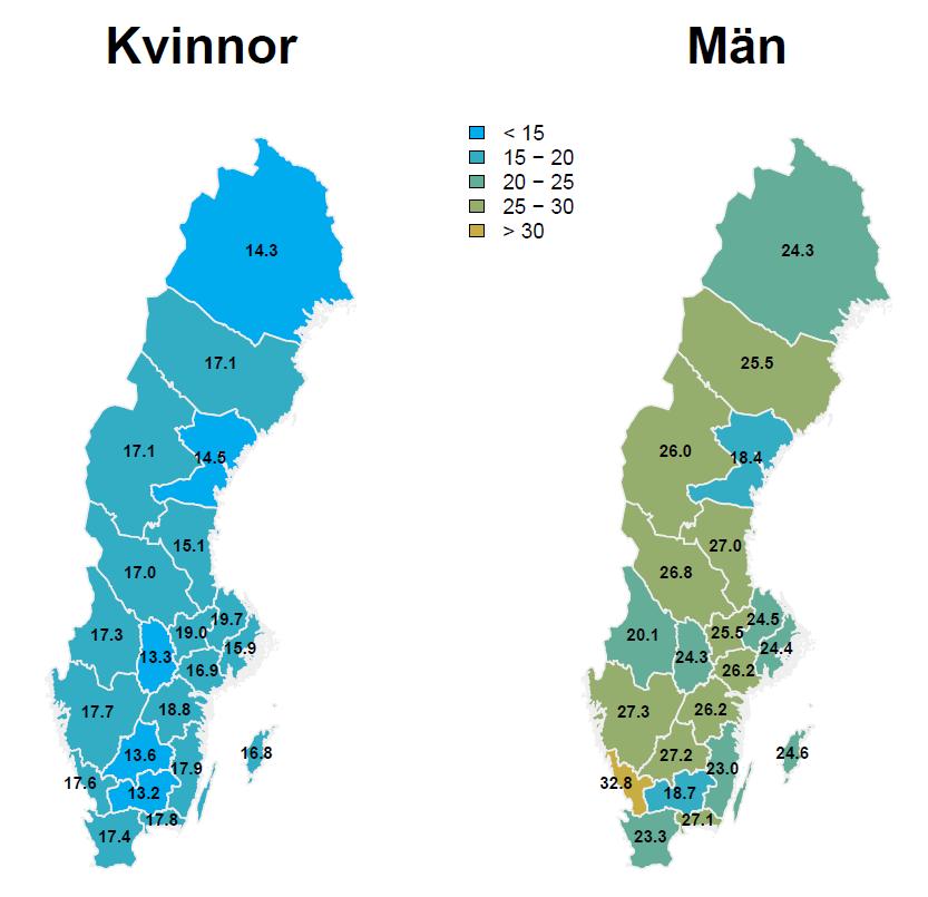 Figur 2.3 Incidens av lymfom per 100 000 individer i Sverige 2012-2016 uppdelat på kön. Incidensen är åldersjusterad baserat på Sveriges befolkning år 2000.(Från Socialstyrelsen) 2.