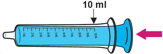 Steg 3. Fyll upp den blåa doseringssprutan med vatten Tryck in kolven på den blå doseringssprutan så långt in i doseringssprutan som det går. Doppa doseringssprutans spets i glaset med vatten.