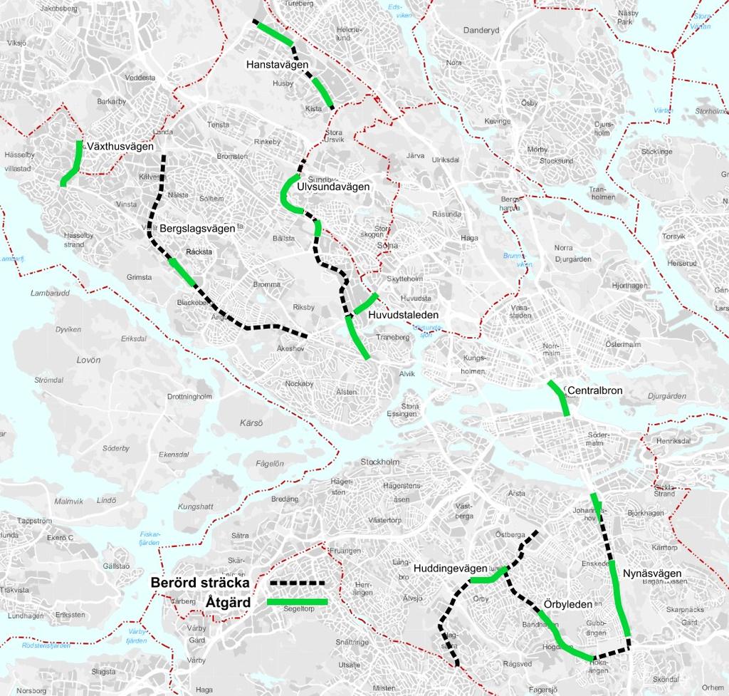 Sida 4 (5) Centralbron, båda riktningarna inklusive Söderledstunneln Nynäsvägen ca 29 000m2 Örbyleden ca 20 000 m2 Huddingevägen ca 11 000 m2 För att minska olägenheterna för trafikanterna under