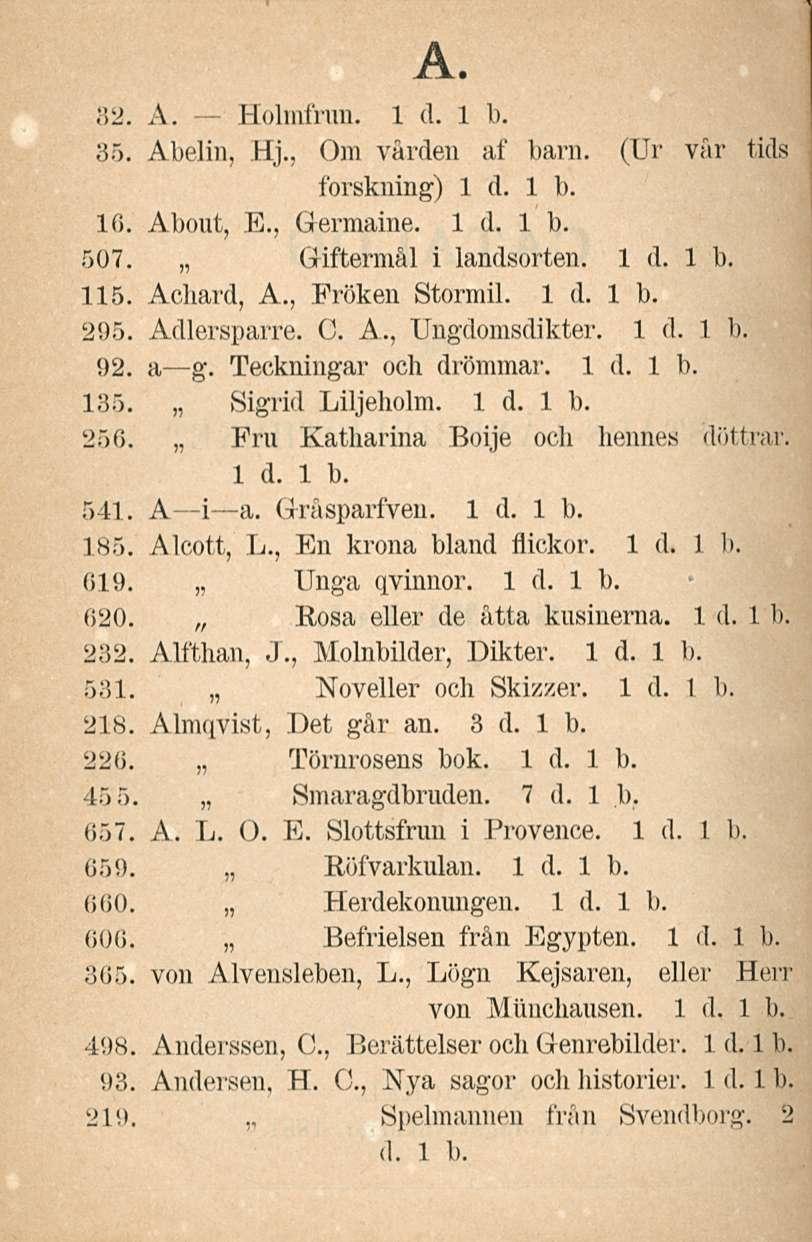 A. 82. A. Holmtrnn. 35. Abelin, Hj.. Om vården af barn. (Ur vår tids forskning) 16. About, E., Germaine. 507. Griftermål i landsorten. Id.l b. 115. Achard, A., Fröken Stormil. 295. Adlersparre. C. A., Ungdomsdikter.