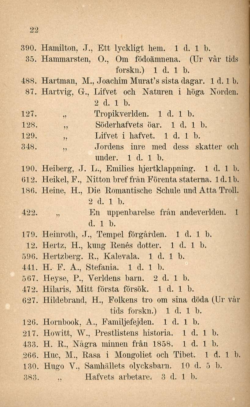 Hafvets 22 390. Hamilton, J., Ett lyckligt hem. 35. Hammarsten, 0., Om födoämnena. (Ur vår tids forskn.) 488. Hartman, M., Joachim Muratfs sista dagar. 87. Hartvig, G.