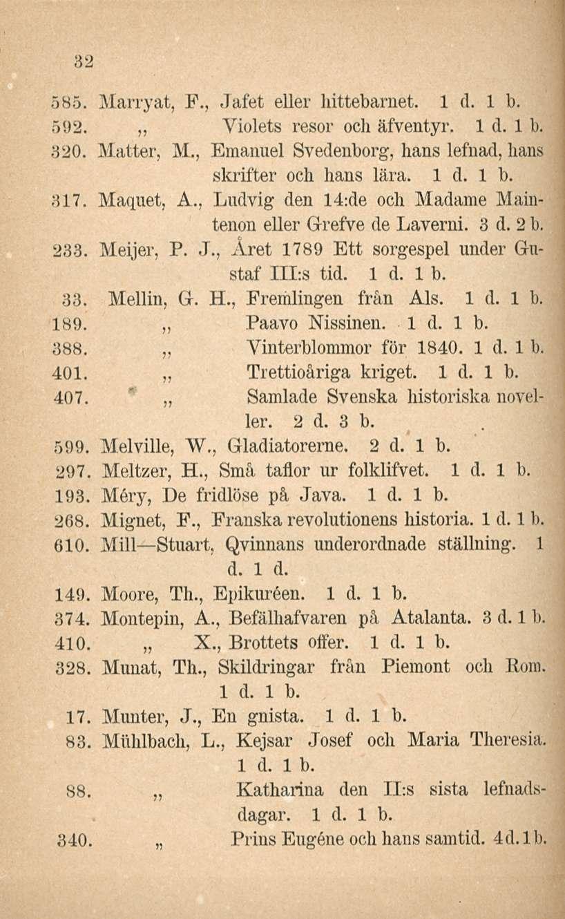 32 585. Marryat, F., Jafet eller hittebamet. 592. Violets resor ocli äfventyr. Id.l b. 320. Matter, M., Emanuel Svedenborg, hans lefnad, hans skrifter och hans lära. 317. Maquet, A.
