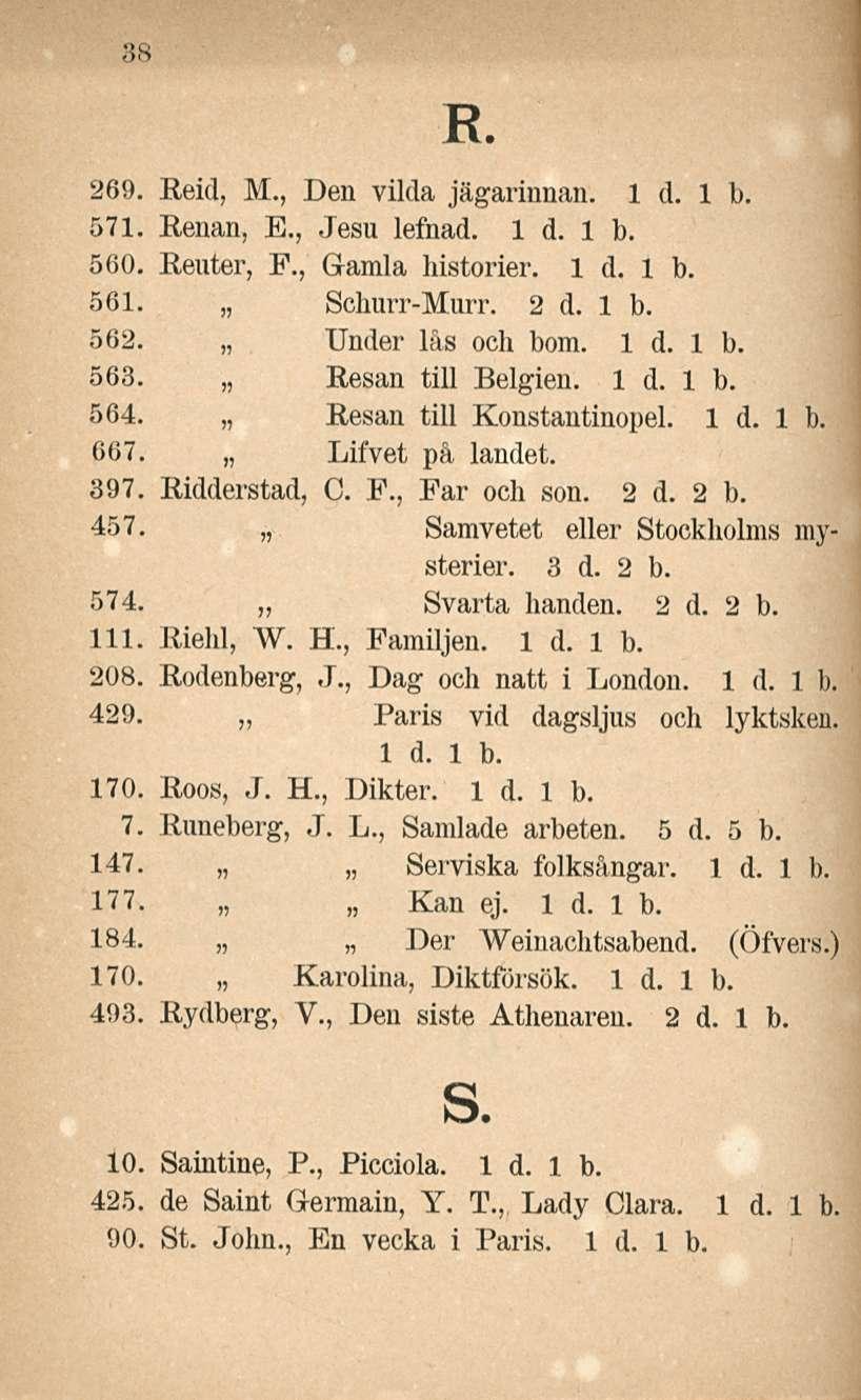38 R. 269. Reid, M., Den vilda jägarinnan. 571. Eenan, E., Jesu lefnad. 560. Reuter, F., Gamla historier. 561. Schurr-Murr. 2 d. 1 b. 562. Under las och bom. 563. Resan tili Belgien. 564.